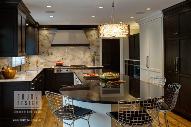 Full height granite backsplash, brown and tan, with matching countertops in Oak Brook, IL