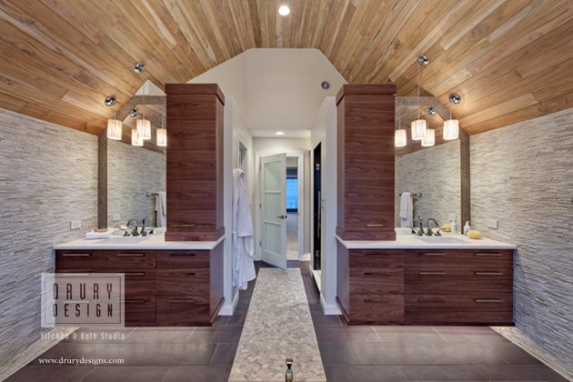 Drury Design contemporary bathroom design with wooden cielings