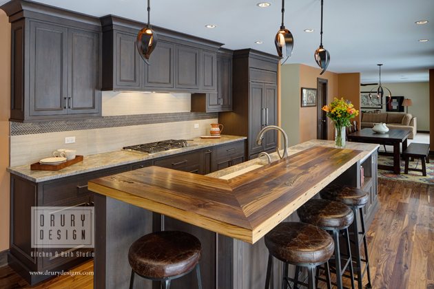 transitional kitchen design with rustic wood finishes by Drury Design