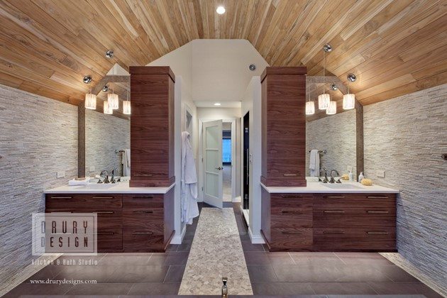 Natural wood tones and stone wall tiles add a natural touch to a home redesign.