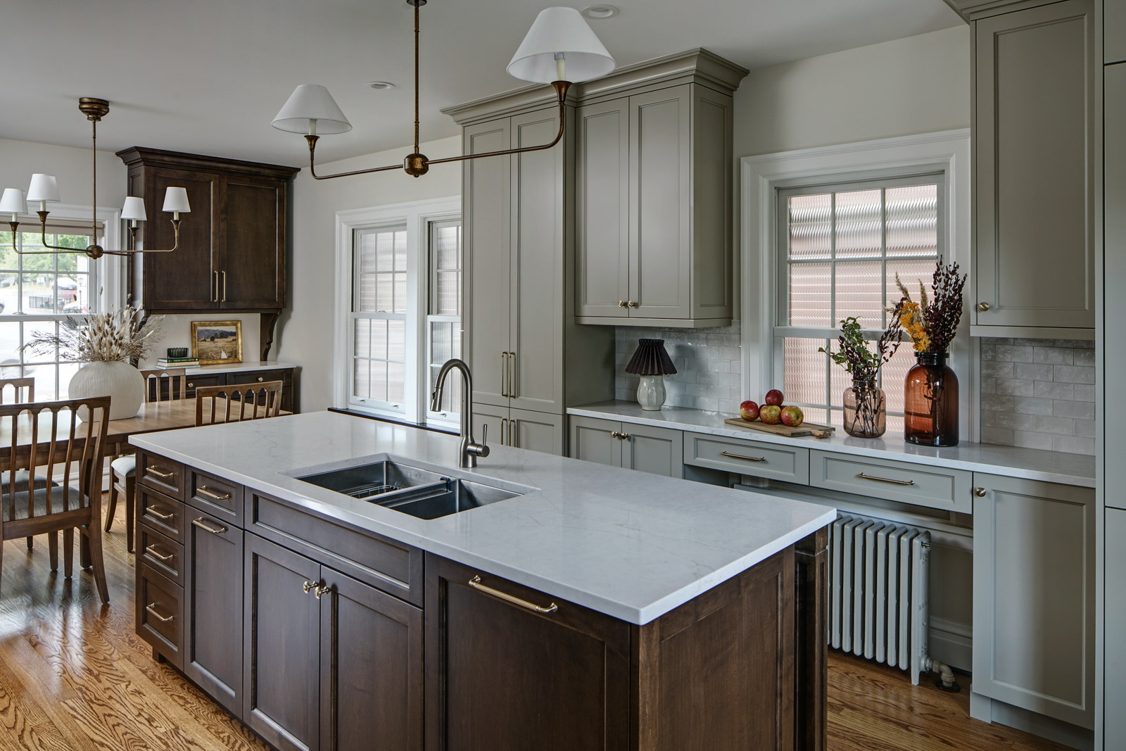 Classic-Revival_Chicago_1920s-Home-Kitchen_Drury-Design_Copyright-2025_Dining-Area_Island_Pantry-Wall